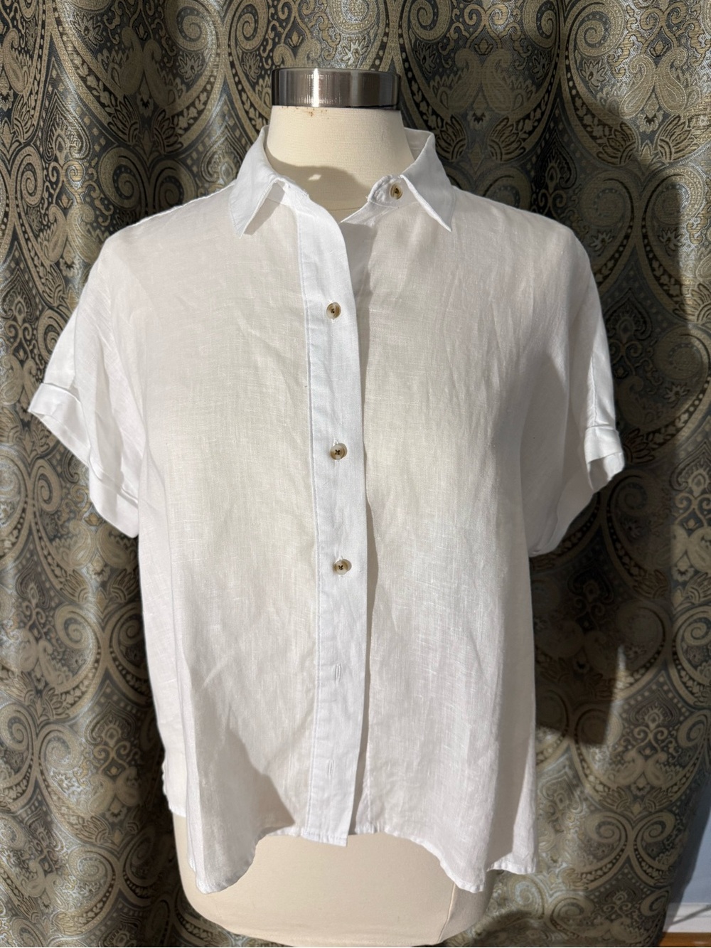 Rachel Roy 100% Linen White Button Front Short Sleeve Shirt Size Medium